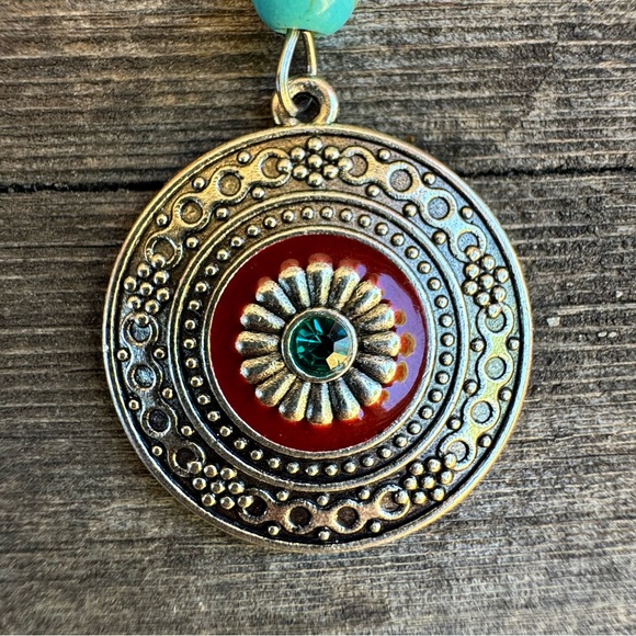 Boho 🌻 Silver Tone Medallion Dangle Drop Earrings Blue Burgundy Enamel Western - Picture 3 of 9